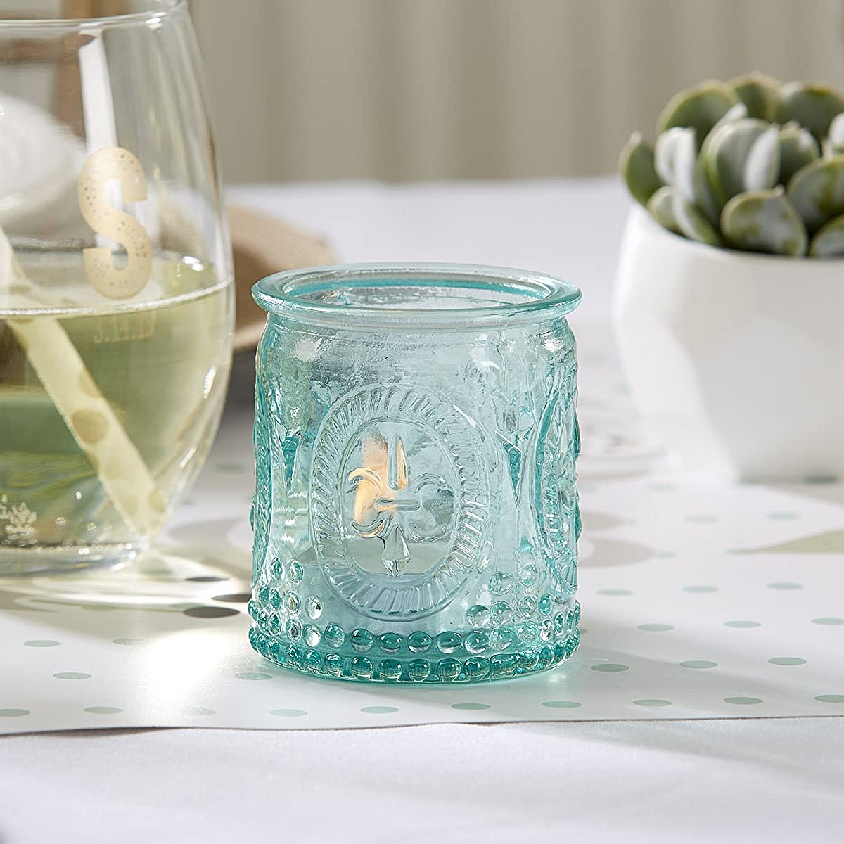 blue glass candle holder