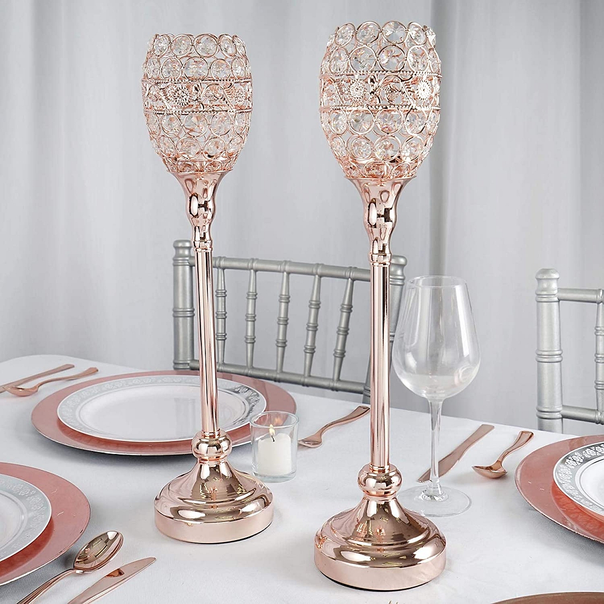 Rose Gold Tall Crystal Goblet Votive Candle Holder