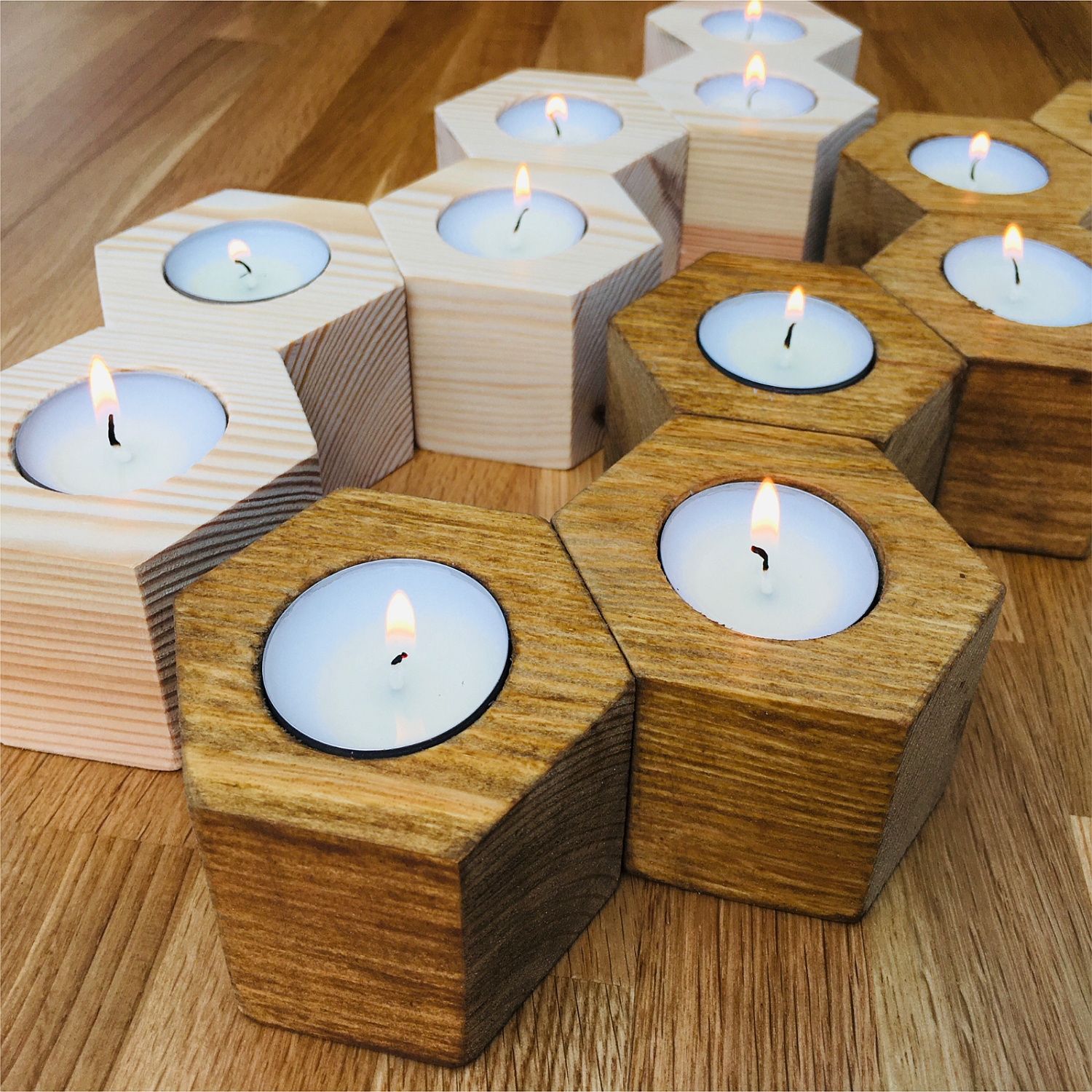 hexagonal wooden votive candle holder