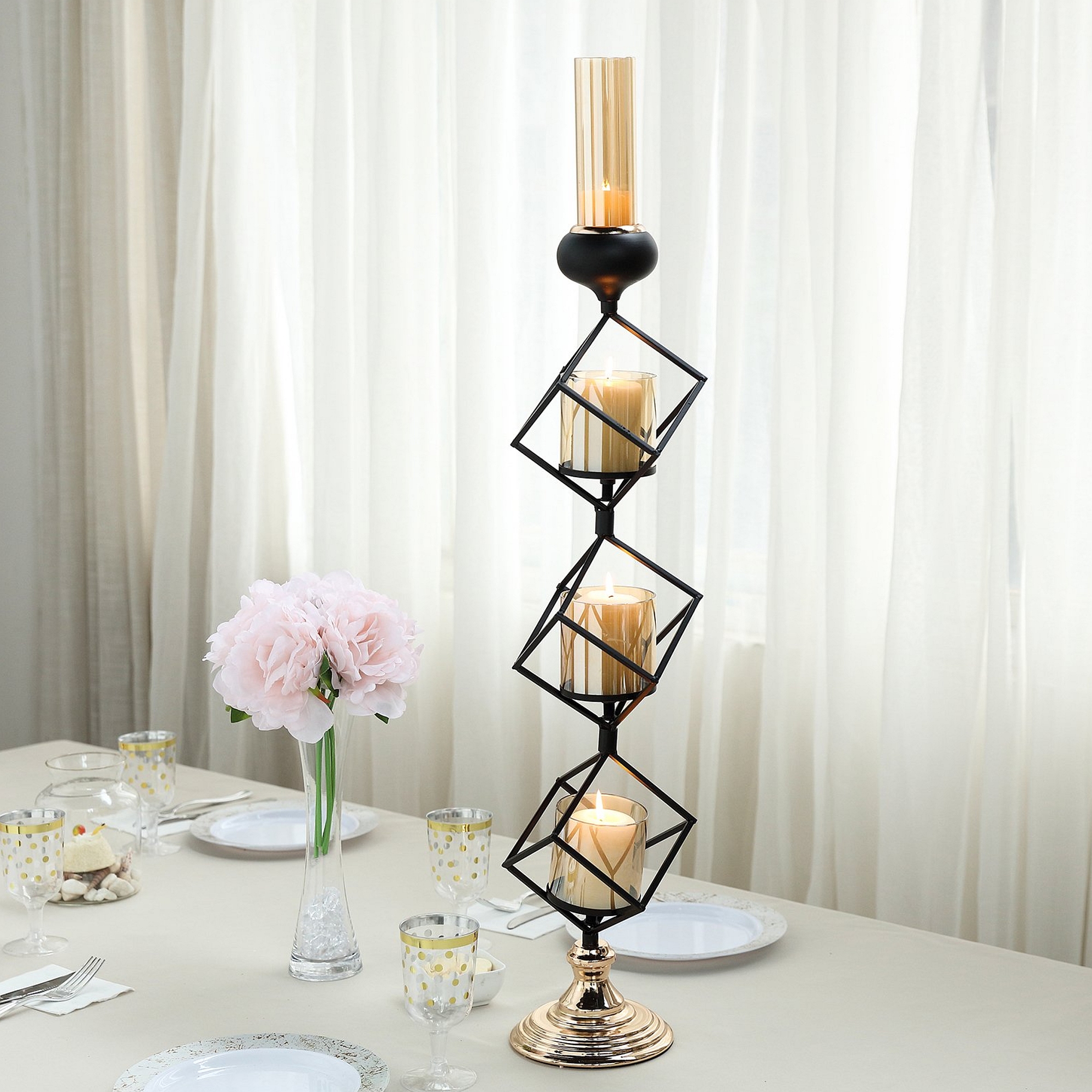 Geometric Candle Holders Wholesale with Amber Glass Votives