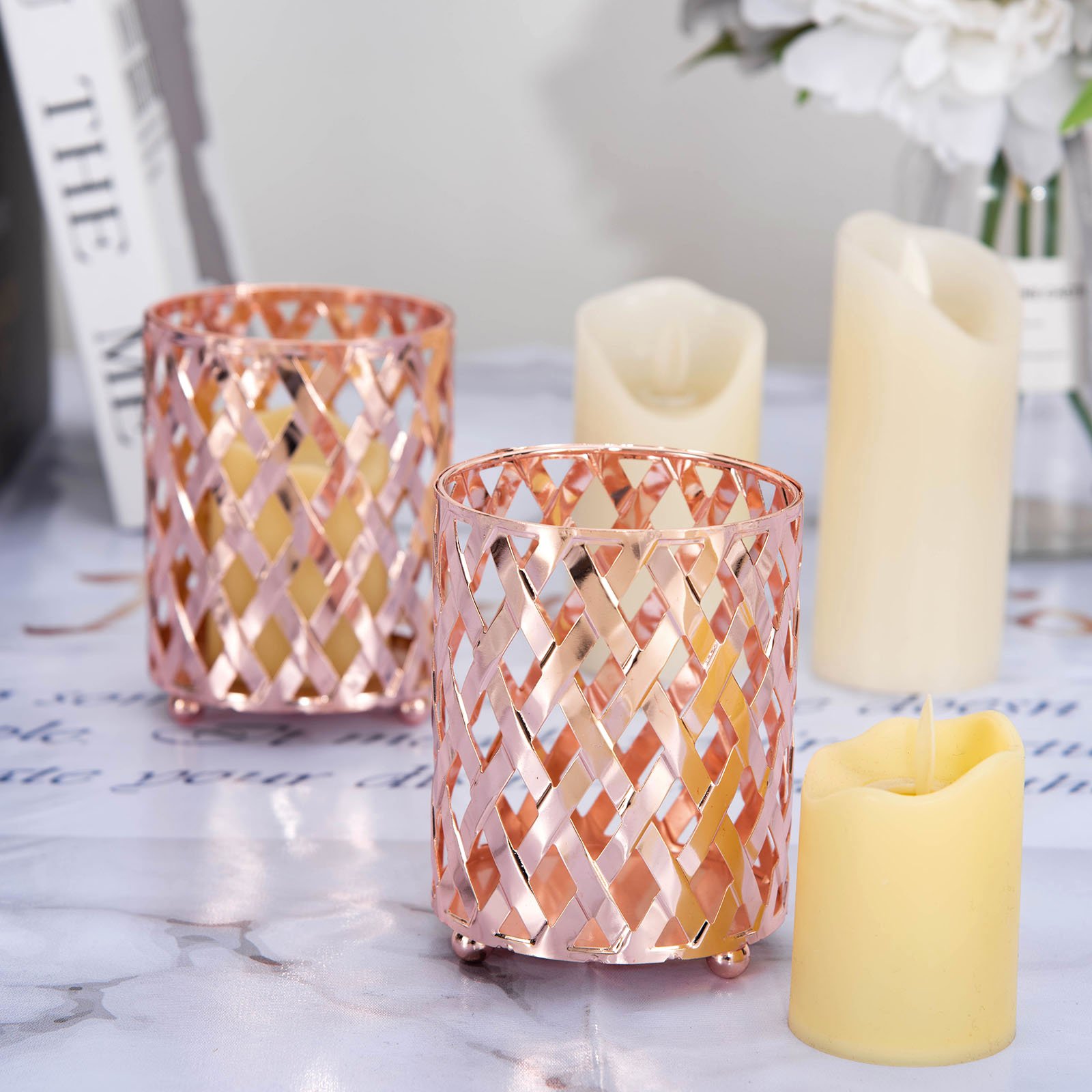 Tall Metal Rose Gold Votive Candle Holders