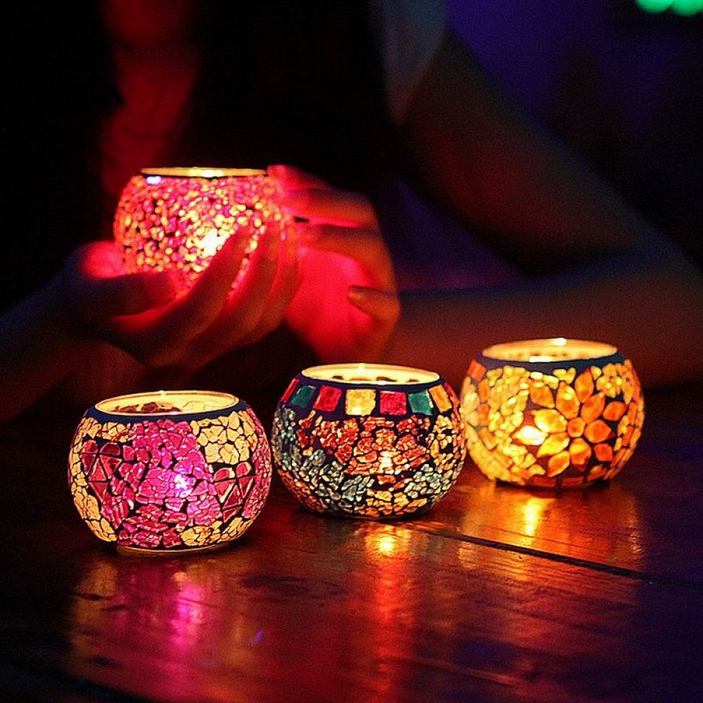 multi colored glass mosaic votives