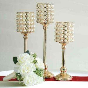 set of 3 white pearl beaded gold votive candle holder