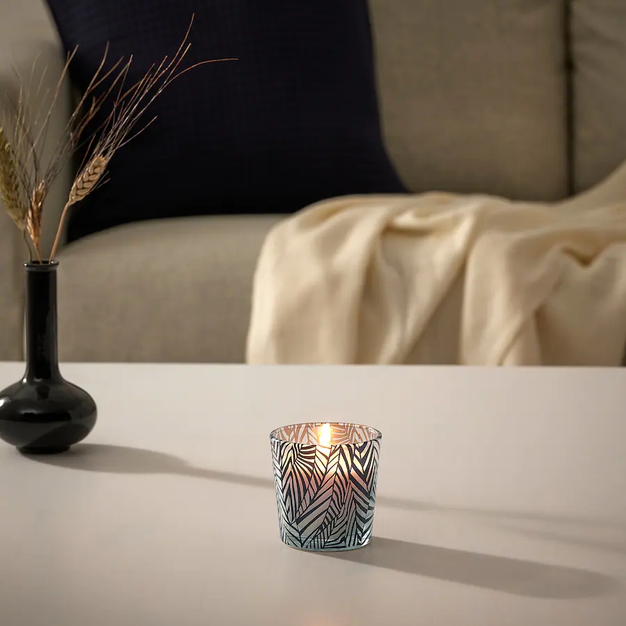 medkaempe scented candle in glass rhubarb elderflower patterned black white