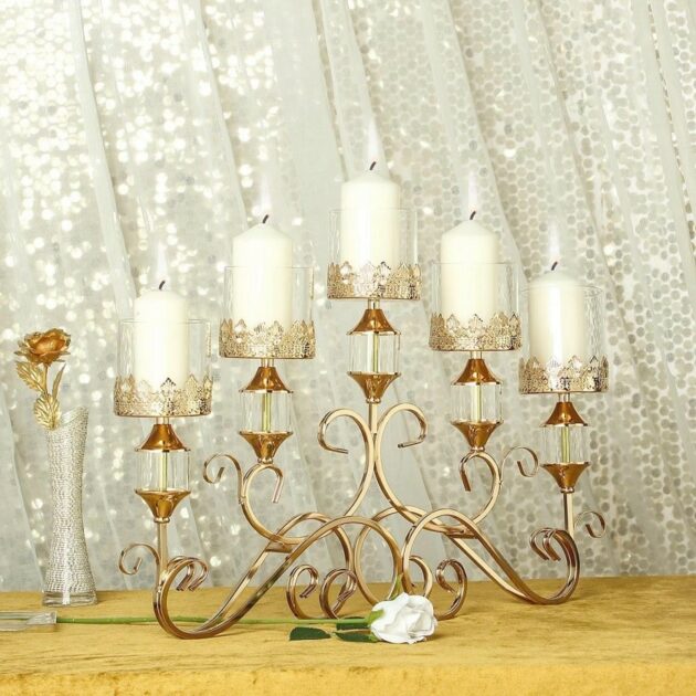 antique gold metal hurricane glass candelabra