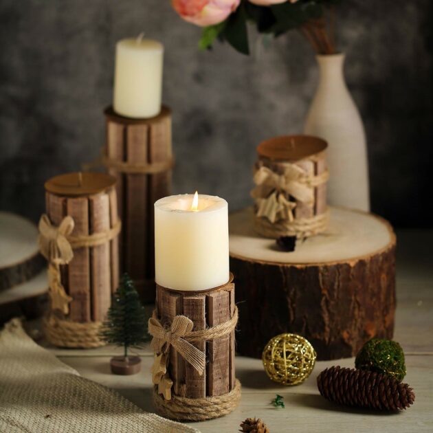 burlap wooden pillar candle holder