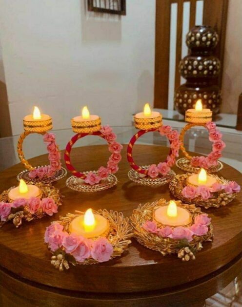 diwali gold metal candle decoration set