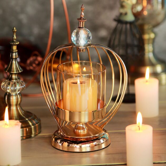 gold metal cage amber glass votive candle holder