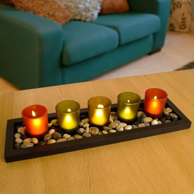 Tea Light Candle Tray Set Of 5 Coloured Glass Holders