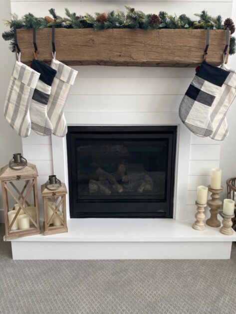 brown wooden lamp fireplace christmas socks LEdcandles fireplace floor candle holders