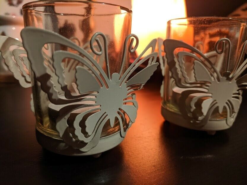 butterfly metal design and glass votive candle holders silver