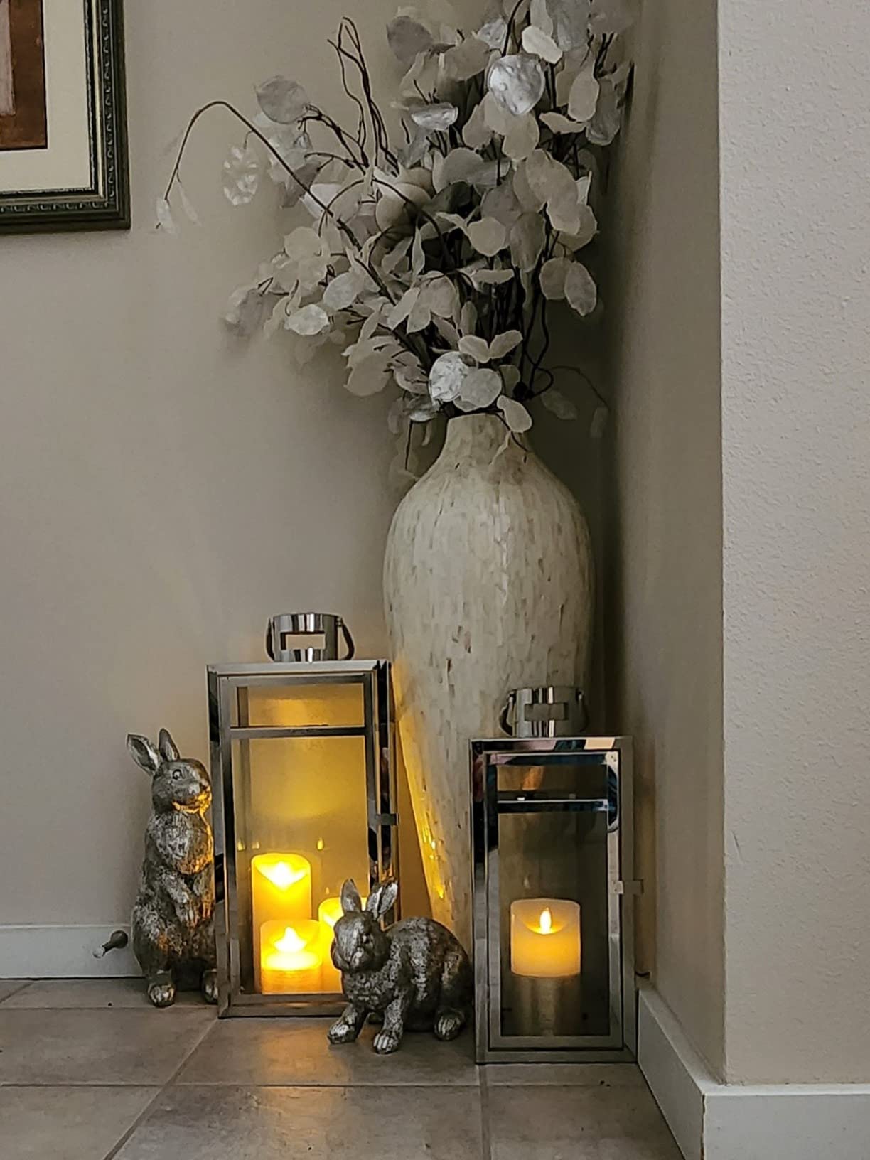 silver lamp warm LED candles silver rabbit figurines white big flower vase floor candle holders
