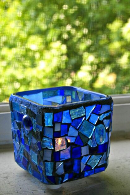 diy mosaic blue cube style design candle holder