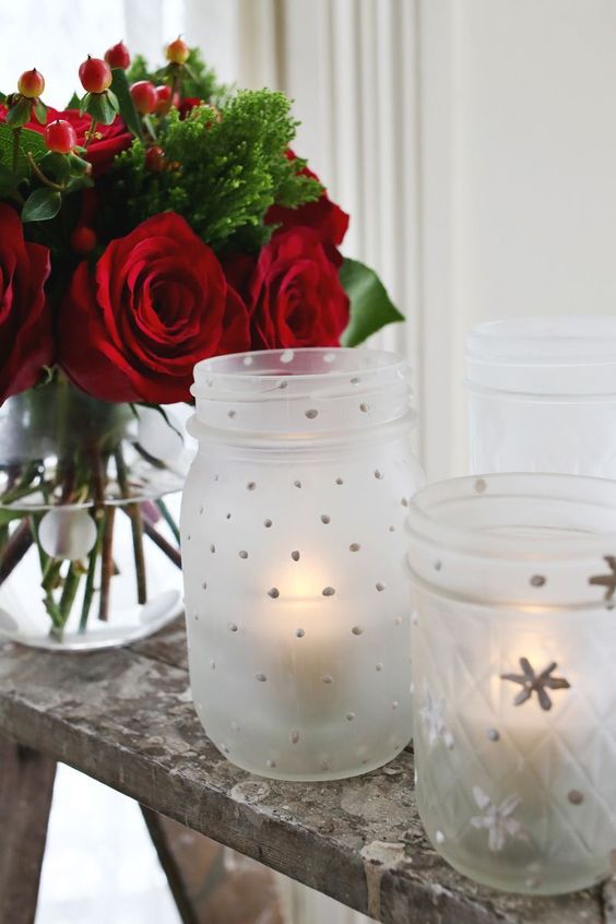 frosted candle holder jar with snow design