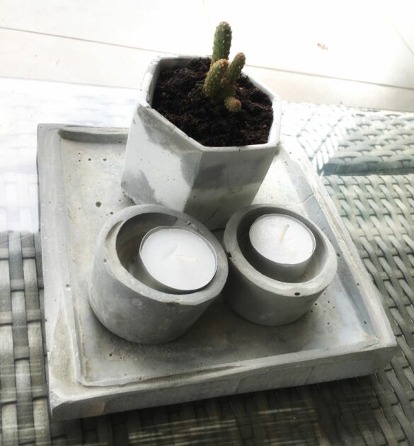 gray cement tray candle holder set