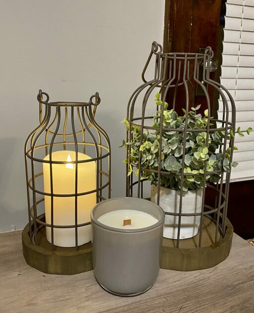 grey wooden base fake plant candle cage