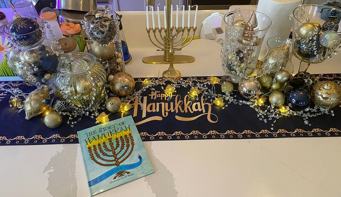 hanukkah candle holders shiny metallic gold with table runner