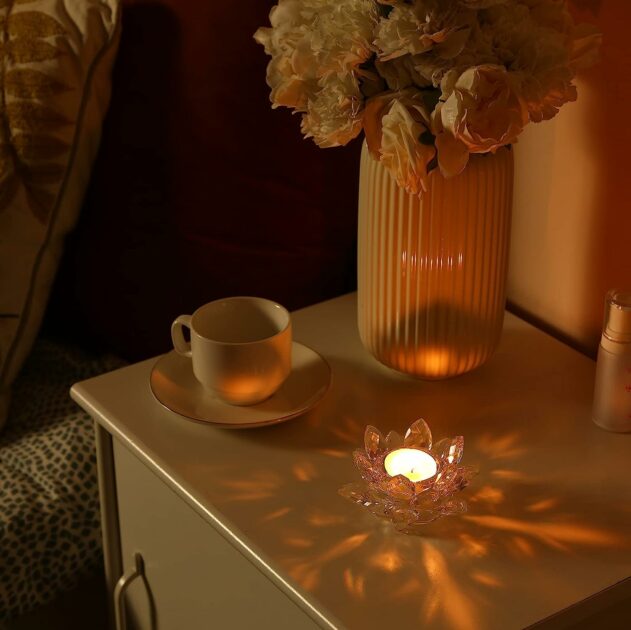 lotus crystal tea light candle holder on bedside