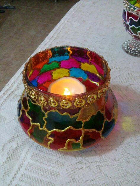 mosaic colorful with gold linesl votive candle holder