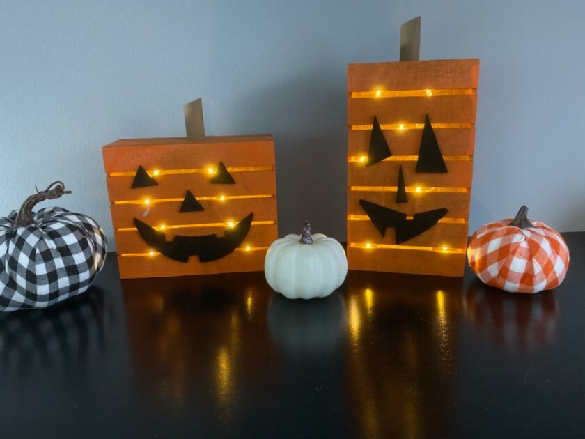 orange wooden LED fairylights plaid mini pumpkins pumpkin candle holders