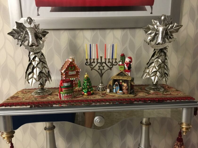 silver gingerbread houses colorful candlesticks angle view menorah candle holders