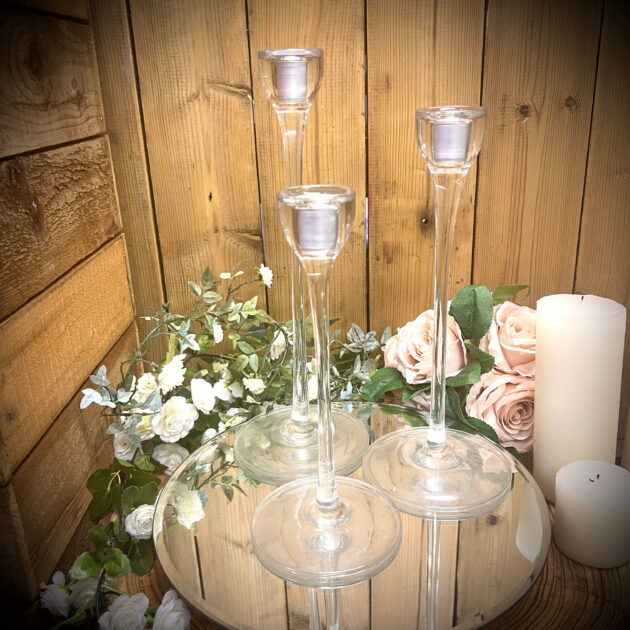 Trio of Long Stem Glass Candlestick Holders