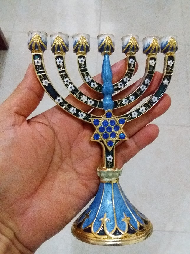 hanukkah candle holders mini bejeweled blue and gold painted