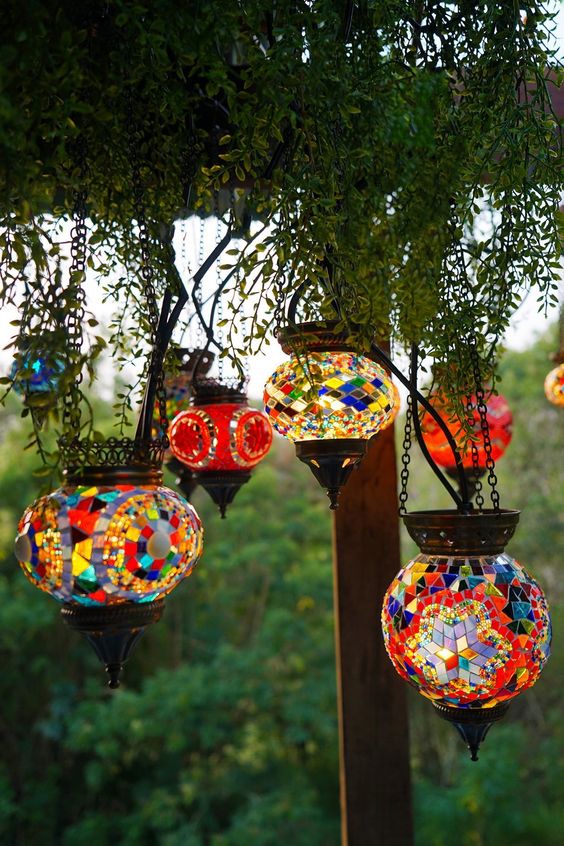 mosaic hanging lantern style glass and metal candle holder