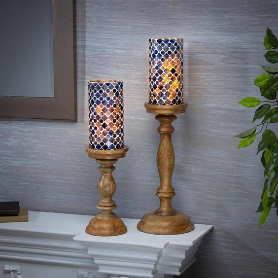 mosaic honey comb style tall glass candle holder